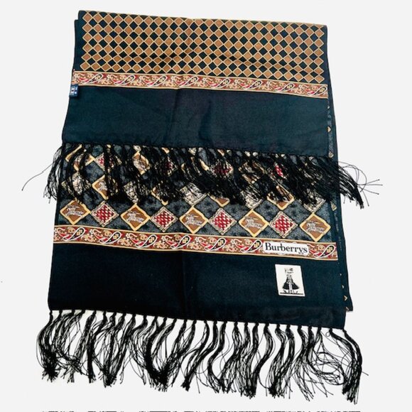 2 Ways Burberrys 100% Silk Satin Scarf 60"x13" Brown black Check Art Fring (1 - Picture 6 of 16